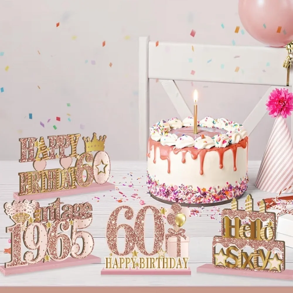 60th Birthday Pink Rose Gold Happy Birthday Party Wood Glitter Centerpieces EUC